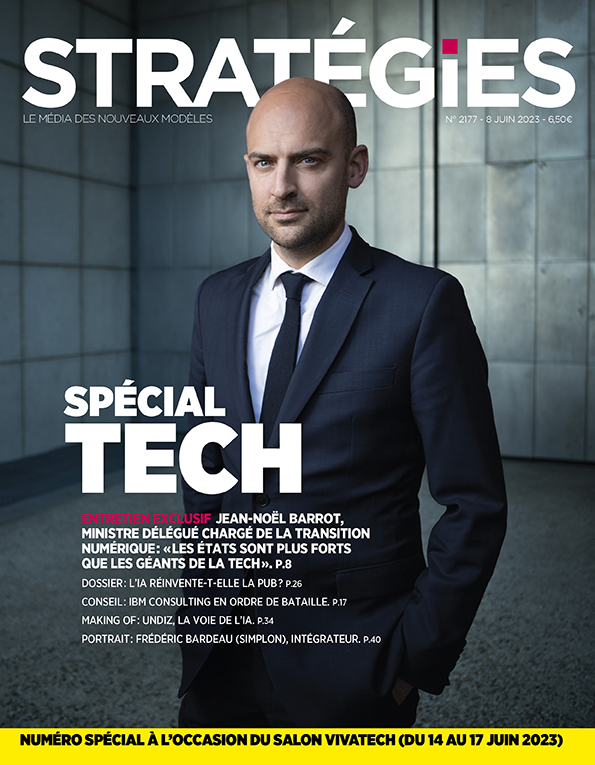 Couverture du magazine Stratégies n°2177 : "Spécial tech : entretien exclusif avec Jean-Noël Barrot, ministre délégué chargé de la transition numérique".