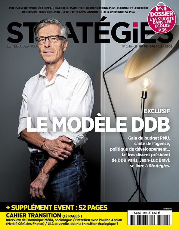 Couverture du magazine Stratégies n°2188 : "Le modèle DDB : son président Jean-Luc Bravi se confie"