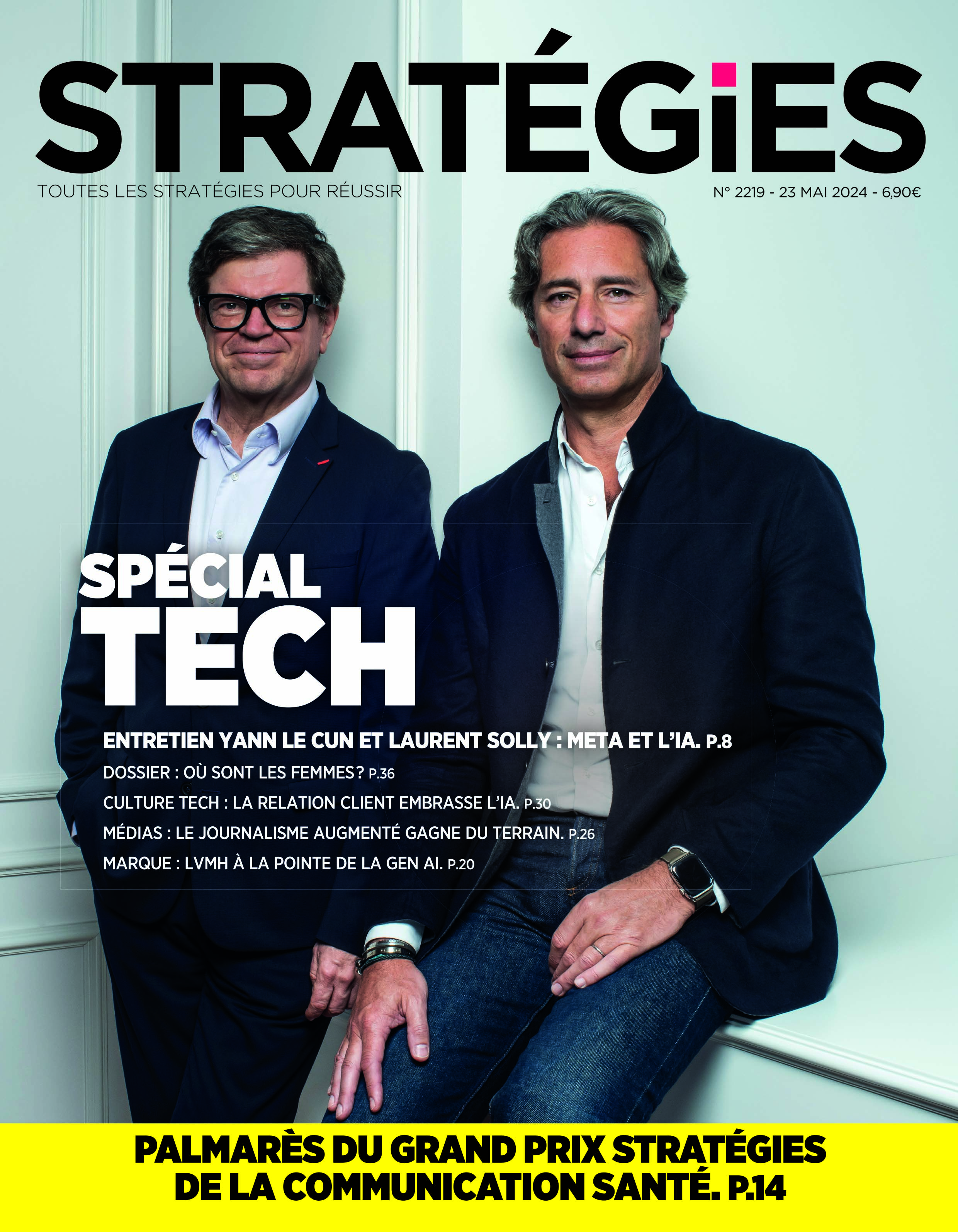 Couverture du magazine Stratégies n°2219 : "Entretien avec Yann Le Cun et Laurent Solly : Meta et l'IA"